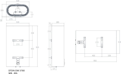 Podgrzewacz wody elektryczny Slim DUO 80L pion/poziom lewy - wymiary
