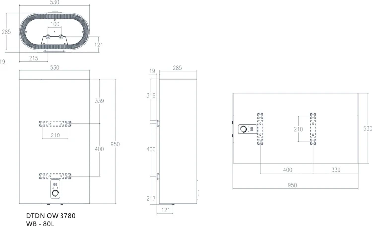 Podgrzewacz wody elektryczny Slim DUO 80L pion/poziom lewy - wymiary